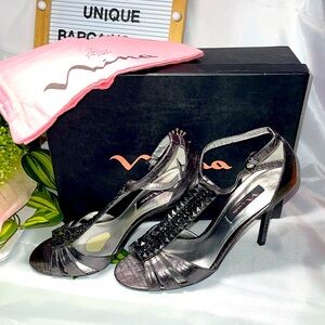 Nina Ulrica Womens Size 9 Gunmetal Satin Rhinestone Round Open Toe Heels